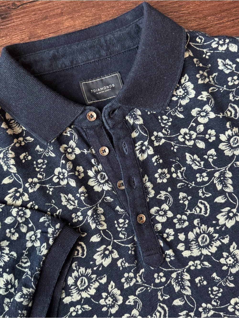 7 DIAMONDS Polo Shirt Men's Floral Print Navy Blue Short Sleeve Size L Stretch